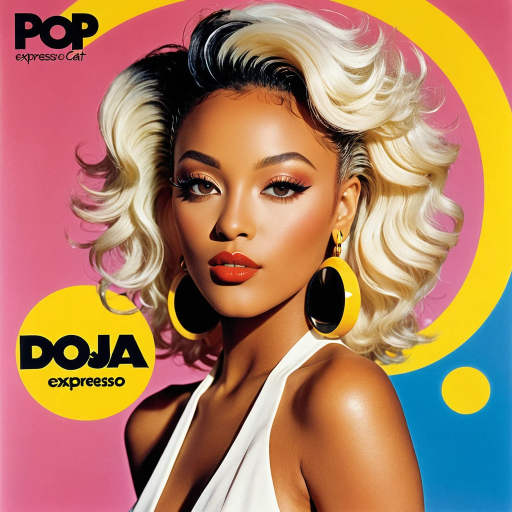 advertising poster, Promotional Photo of the Album Pop Expresso by the artist called Doja Cat, album with a concept from the 80s, beautiful and fabulous album cover, with a lot of glamour, the cover is an innovation in the world of music, and very authentic