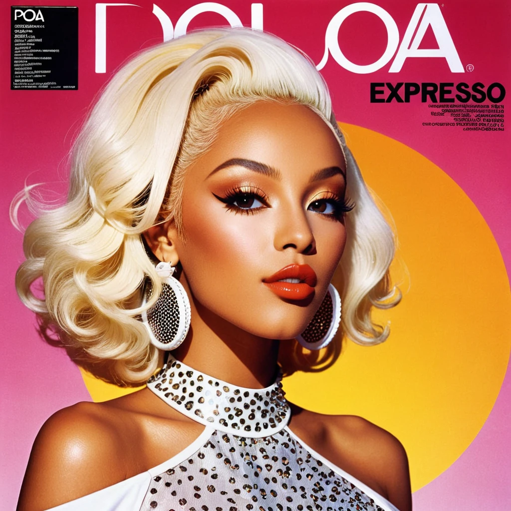 advertising poster, Promotional Photo of the Album Pop Expresso by the artist called Doja Cat, album with a concept from the 80s, beautiful and fabulous album cover, with a lot of glamour, the cover is an innovation in the world of music, and very authentic