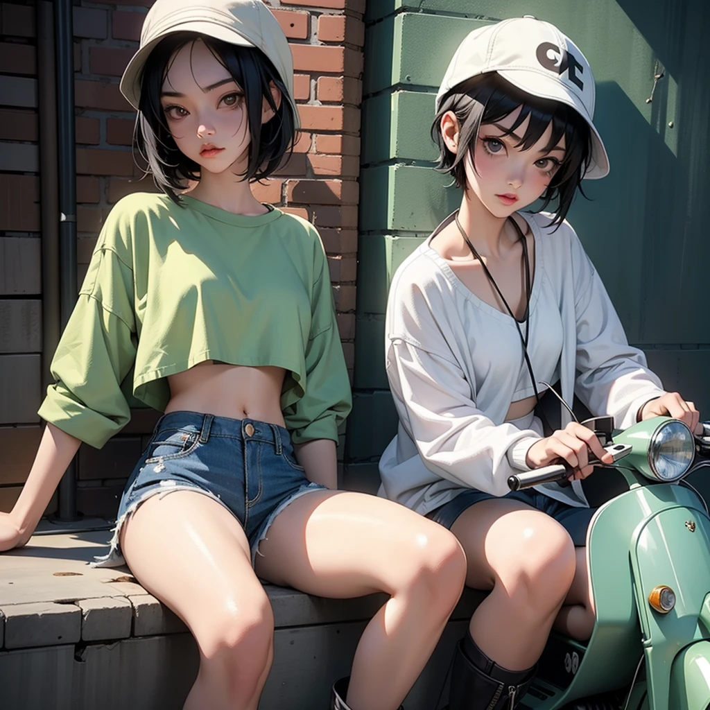 girl similar to gorillaz noodle, black short hair ((drawing)), ((anime girl nose)) ,A very thin girl, with extremely pale skin, wearing a white Bucket Hat. She is dressed in a collarless white crop top, exposing the strap of her black bikini, black tight shorts, and brown boots. She stands next to a vintage green Vespa motorcycle, holding an empty bottle. The setting is an urban alley, decorated with vibrant street art and graffiti on the brick walls. The alley is dimly lit, casting dramatic shadows and enhancing the dystopian atmosphere.