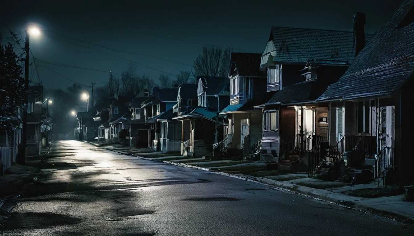 neighborhood, several houses, dark night, sinister environment, no people on the street, fear