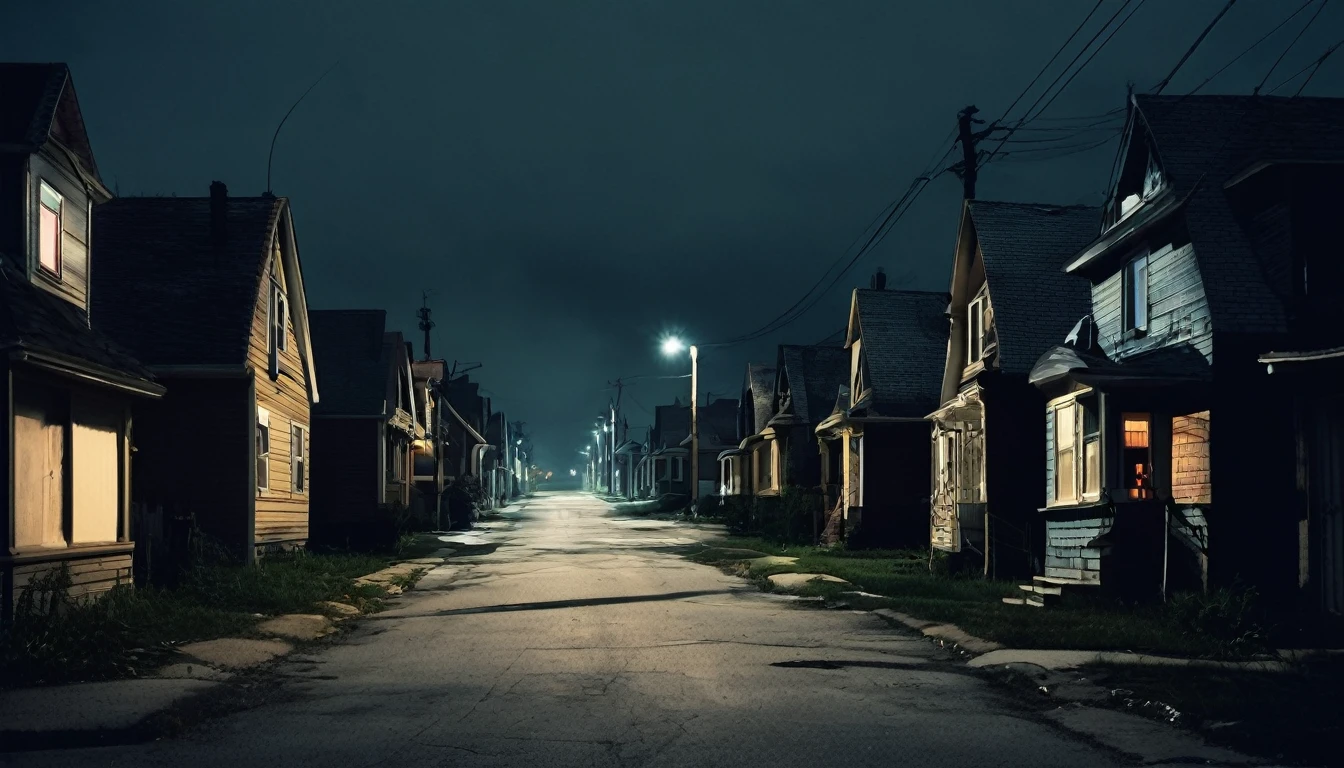 neighborhood, several houses, dark night, sinister environment, no people on the street, fear