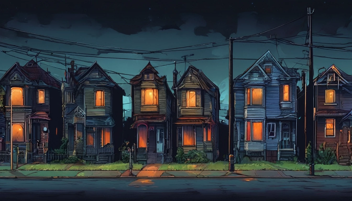 neighborhood, several houses, dark night, sinister environment, no people on the street, fear