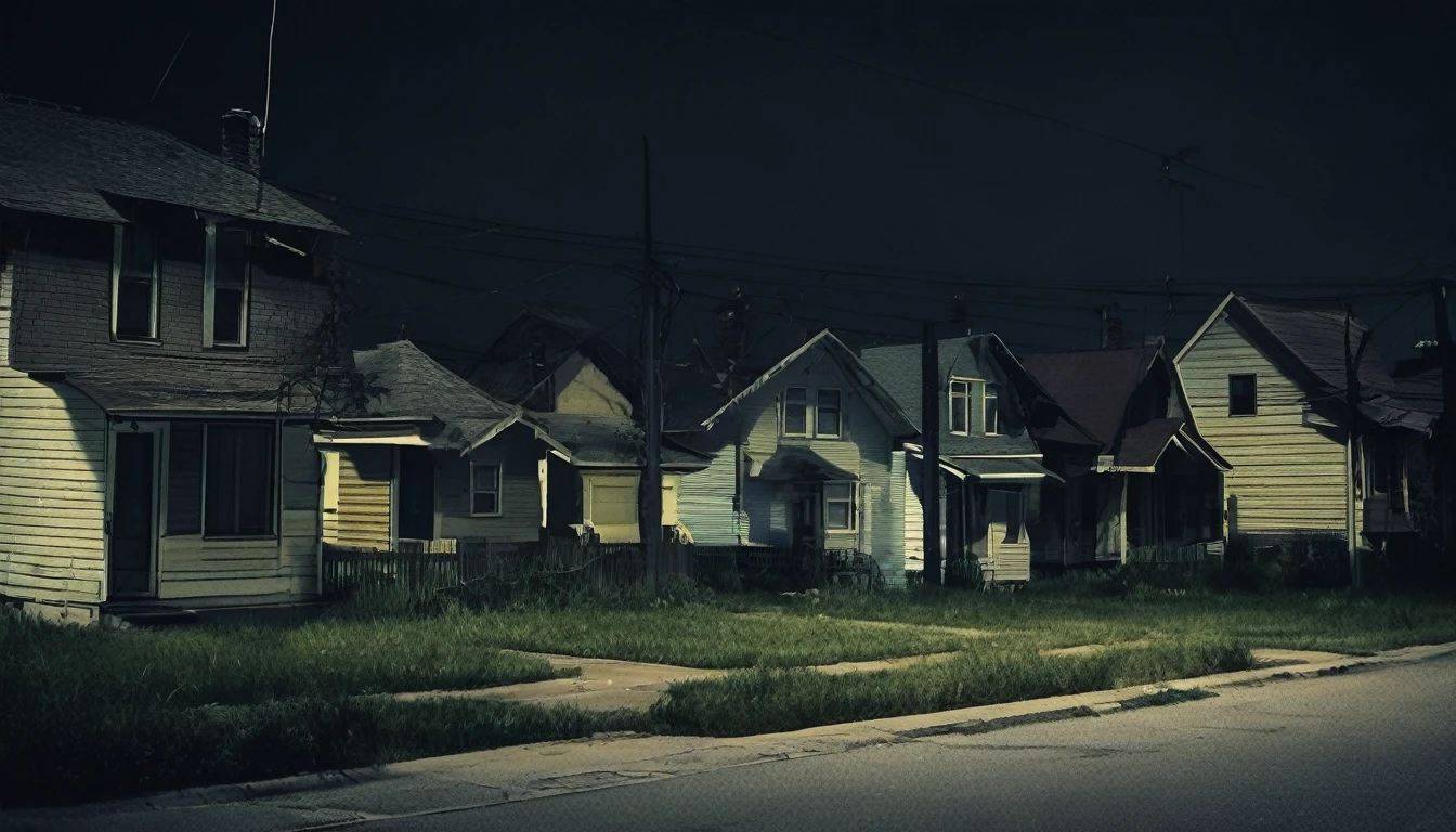 neighborhood, several houses, dark night, sinister environment, no people on the street, fear