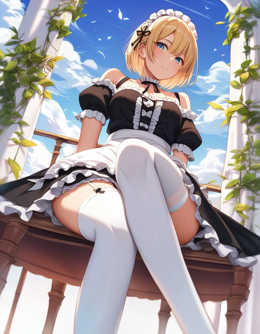 score_9, score_8_up, score_7_up, (masterpiece, best quality, very aesthetic, ultra detailed, source anime, anime, intricate details), 1girl, solo, rem from Rezero, maid outfit, off_shoulder, white thighhighs, sitting, crossed legs, from below