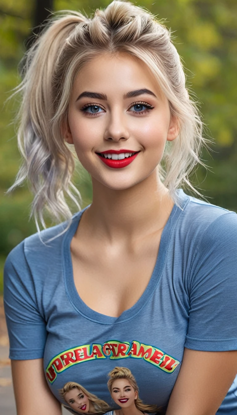 ultrarealistic high quality fullbody photo of a beautiful busty slim european 19-year-old mwoman with cute hyperdetailed shy face and dyed platin blonde long messy ponytail hair and happy face, realistic round hazel eyes, red lips, dark eye makeup with eyeliner, wearing grey t-shirt and metallic crayola blue spandex short leggins, hourglass body, outdoor shooting in central park