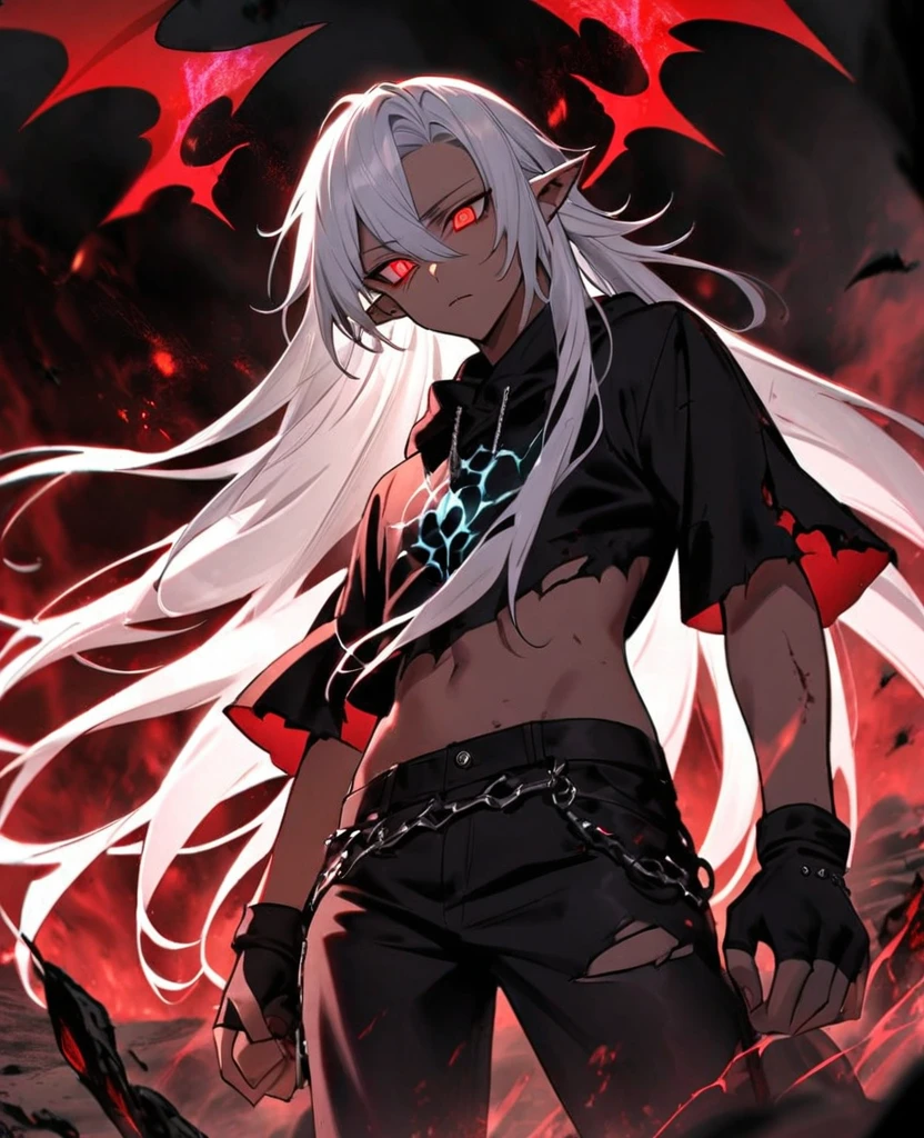 Male,5'4,pierced pointy ears,light skin,red eyes, white ombre long hair half up half down,black albow length fingerless gloves,ripped red short sleeve cropped hoodie,black tight shirt,ripped black jeans,dark magic,on a battlefield with darkness in his eyes as a dark magic aura surrounds him changing to his demonic form