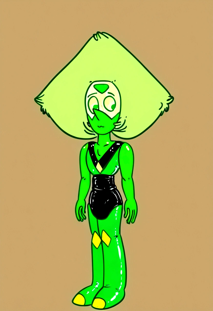 masterpiece, 1girl, peridot, peridot - steven universe, inflatable body, inflatable hair, shiny skin, shiny hair, rubber hair, latex hair, latex skin, rubber skin, dollification, standing, blank baclground, whole character in view, normal proportions, skinny, slender figure