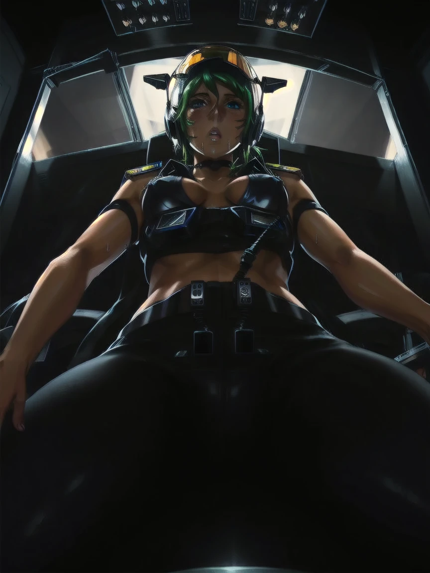 ((gothic vampire piloting in gothic spacecraft)), (((retro anime))), ((from below)), ((120 fov)), ((((gothic control panels)))), ((mature)), (((gothic))), iridescent bodysuit, ((lace accessories)), ((pilot seat)), ((((lying back)) pose)), ((elegant)), (((serious tone))), futuristic, ((cockpit top control panel)), intricate control panel details, 1990s (style), [blushing], sweat, masterpiece, ((claustrophobic)), sparkles, best quality, screens, ((pilot helmet)), ((hands on controls)), night, space, ((cockpit lights))