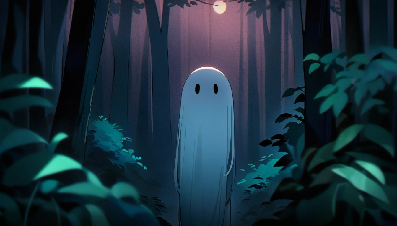 Late at night, in a dark forest, the ghost of a girl sneaks a peek behind a tree deep in the forest, high quality, high detail, 4k.8k
