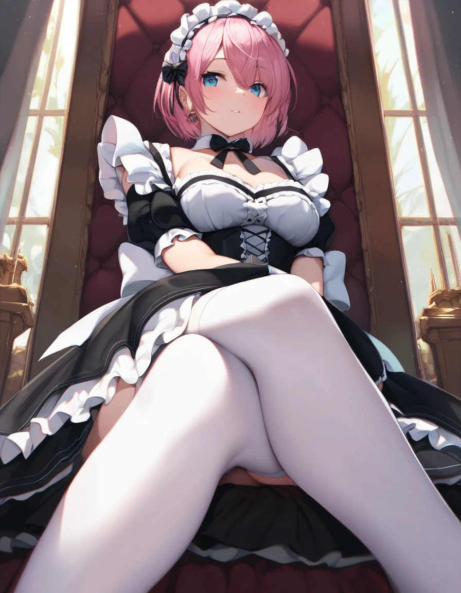 score_9, score_8_up, score_7_up, (masterpiece, best quality, very aesthetic, ultra detailed, source anime, anime, intricate details), 1girl, solo, rem from Rezero, maid outfit, off_shoulder, white thighhighs, sitting, crossed legs, from below