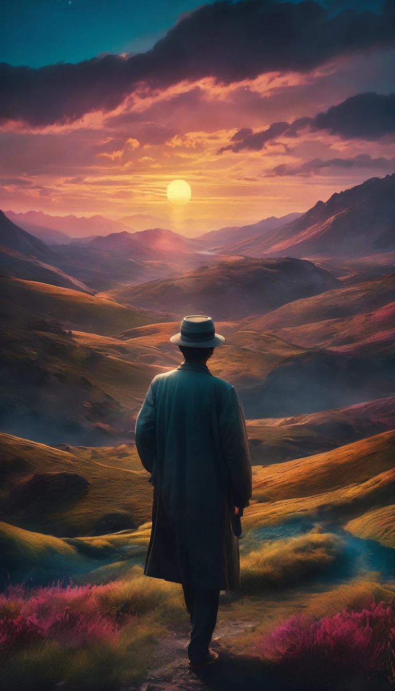 worried expression, travelling through different eras and countries, surreal dreamlike landscape, dramatic lighting, cinematic composition, moody colors, digital painting, ultra-detailed, 8k, highly realistic, masterpiece, cinematic, chiaroscuro lighting, vibrant colors, dynamic pose, intense emotion