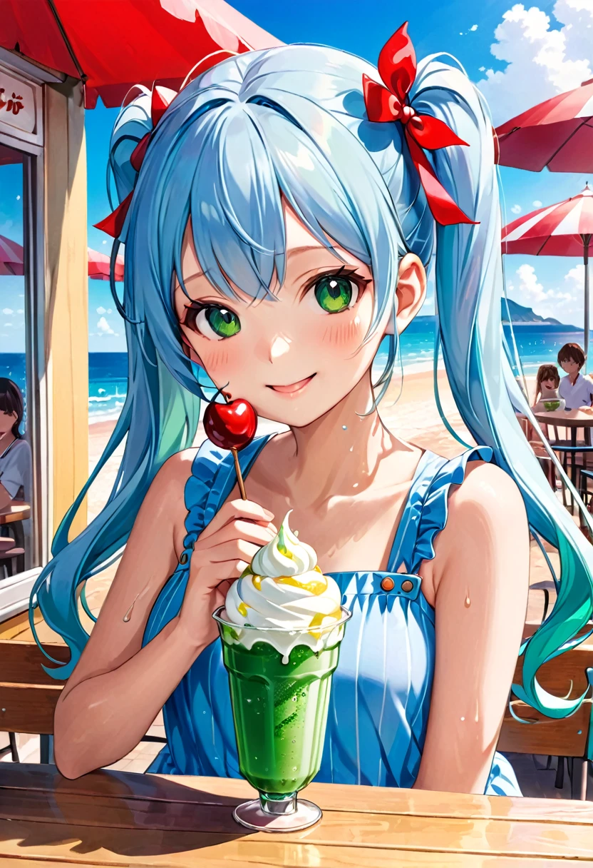 Ice cream and red cherry on a green drink in a seaside cafe decorated with flowers、girl, Light blue long hair、Beautiful girl with twin tails、Bright smile、cream soda、Cute realistic portrait, かわいいgirlのアニメビジュアル, ソーダをテーマにしたgirl, かわいいアニメのgirl,With a straw, Splash art anime