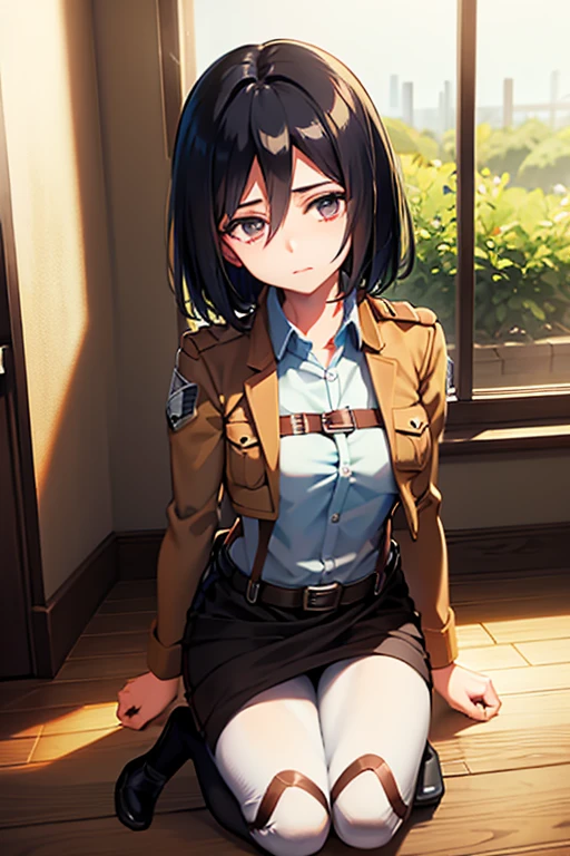 masterpiece, best quality, best lighting, shadows, portrait, perfect anatomy, mikasa in scout uniform, 1 girl, adult anime girl, 21 years old, full body, shy pose,