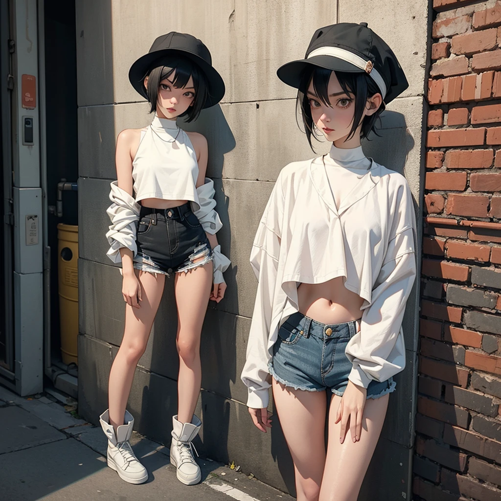 girl similar to gorillaz noodle, black short hair ((drawing)), ((anime girl nose)) ,A very thin girl, with extremely pale skin, wearing a white Bucket Hat. She is dressed in a collarless white crop top, exposing the strap of her black bikini, black tight shorts, and brown boots. She stands next to a vintage green Vespa motorcycle, holding an empty bottle. The setting is an urban alley, decorated with vibrant street art and graffiti on the brick walls. The alley is dimly lit, casting dramatic shadows and enhancing the dystopian atmosphere.