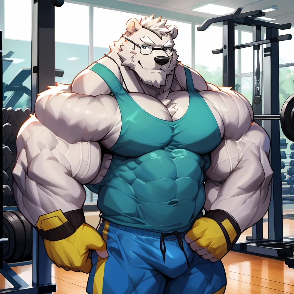 solo, 1boy, Huge Muscular White Polar Bear Father wearing glasses, huge white fur, pectoral, huge pectoral, wide pectoral, short white hair, blue colored short pants, blue colored wristbands and blue colored tank top, white bearded, white Mustache, white fur, black eyebrows, gym fitness center background, masterpiece, high detailed, 8k, high resolution, at the gym, flexes huge thorax, looking at the viewer, acting all hunk