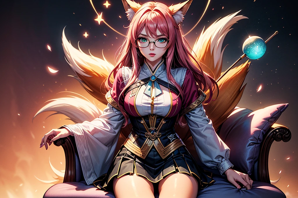 On the luxsurious sofa in seductive pose laying a female kitsune, she have red long hair with pink highlights, charming green eyes. tasty red lips, she dreessed in unbutten blouse, black short skirt high soking and snickers, also she wear glasses, she holding lollypop, she have four gorgeous magic fox tails, (ultra high quality fantasy art, magical fantasy style, masterpiece, ultra high quality character design, 8k quality anime art, realistic anime art, top quality wallpaper illustration, detailed ultra high quality accurate face, high quality design and accurate physic)