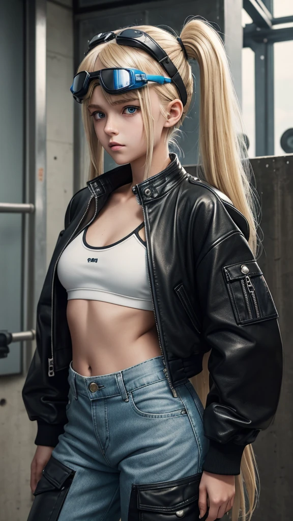 Teenage blonde girl, her hair is in lose twin tails, wearing a cropped blue leather jacket, white sports bra, baggy black pants with lots of pockets, goggles on her head, fair skin, covered with dirt and black mechanical grease. Sci fi settings,