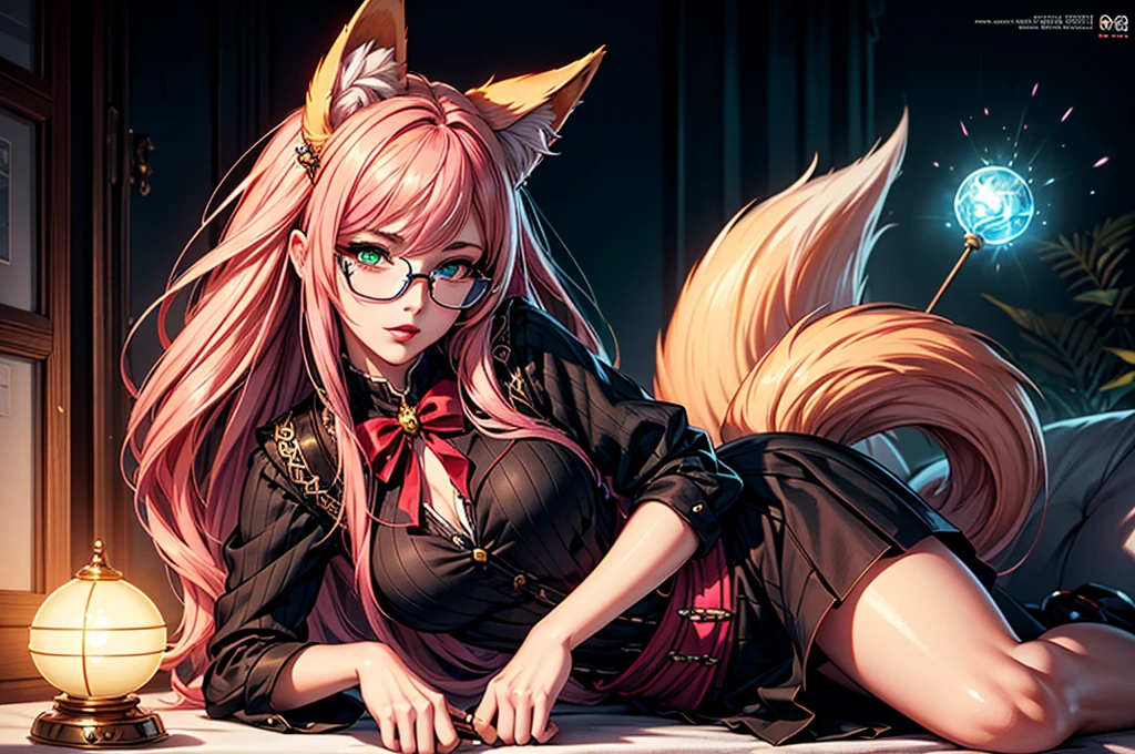 On the luxsurious sofa in seductive pose laying a female kitsune, she have red long hair with pink highlights, charming green eyes. tasty red lips, she dreessed in unbutten blouse, black short skirt high soking and snickers, also she wear glasses, she holding lollypop, she have four gorgeous magic fox tails, (ultra high quality fantasy art, magical fantasy style, masterpiece, ultra high quality character design, 8k quality anime art, realistic anime art, top quality wallpaper illustration, detailed ultra high quality accurate face, high quality design and accurate physic)