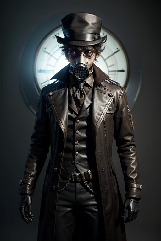 male character 3d animation hacker, mad scientist, with a black steampunk style hat and a gas mask