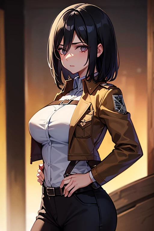 masterpiece, best quality, best lighting, shadows, portrait, perfect anatomy, mikasa in scout uniform, 1 girl, adult anime girl, 21 years old, city night background, black middle hair, thighs, ass, breast, seductive, spicy, posing, cinematography lights,