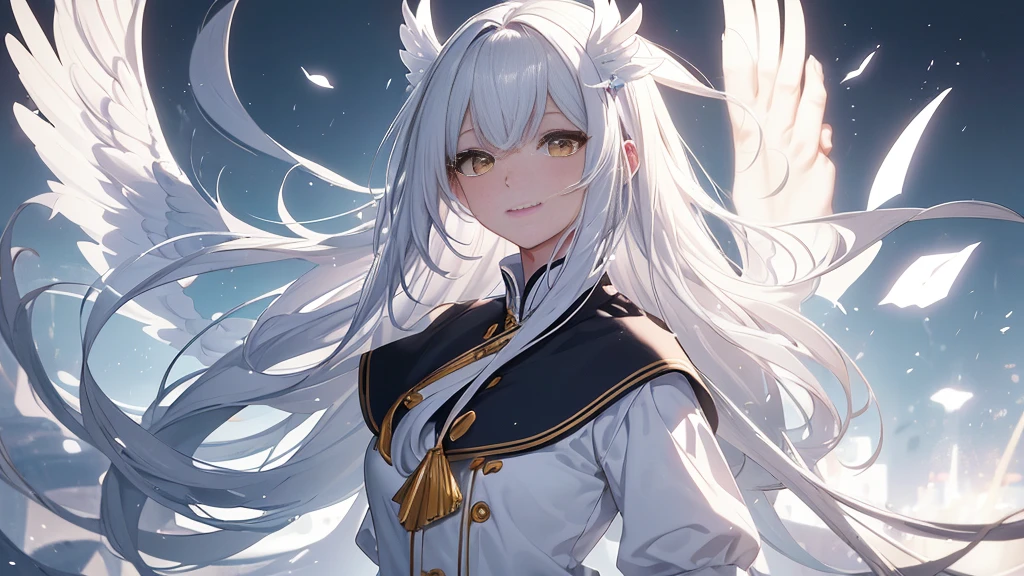 8k resolution, ((of the highest quality)), ((Masterpiece)), ((super detailed)), (very delicate and beautiful), with a girl, Alone, gentle expression, She is very(chill out)with(calm)Appearance,gray fur, Depth of written limits., bright smile, bright yellow eyes, bright white hair, beautiful background, Long Hair - Line Art, black skirt, White uniform like a sailor suit., angel, Angel's white wings, White feathers fluttering, Eyes that shine like amber, upper eye, wonderful eyes
