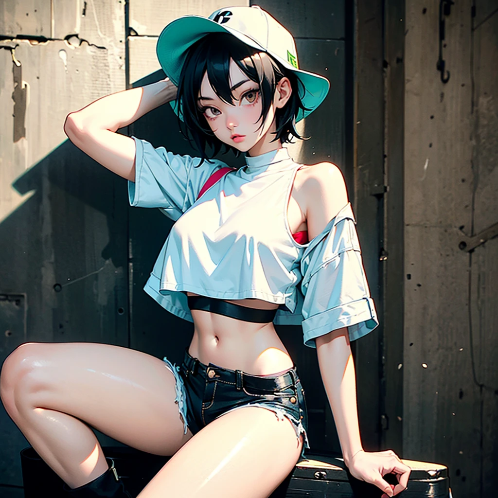girl similar to gorillaz noodle, black short hair ((drawing)), ((anime girl nose)) ,A very thin girl, with extremely pale skin, wearing a white Bucket Hat. She is dressed in a collarless white crop top, exposing the strap of her black bikini, black tight shorts, and brown boots. She stands next to a vintage green Vespa motorcycle, holding an empty bottle. The setting is an urban alley, decorated with vibrant street art and graffiti on the brick walls. The alley is dimly lit, casting dramatic shadows and enhancing the dystopian atmosphere.