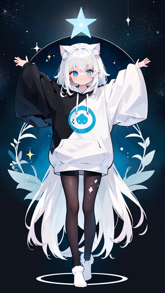 beautiful girl,Cat ear,Long white hair,Light blue eyes,cute, young, Black tights, Wearing an oversized hoodie,sleeping,Details,smile,Only 1 person,The background is a starry sky,beautiful girlのみ,Are standing,Raise your arms,No shoes,