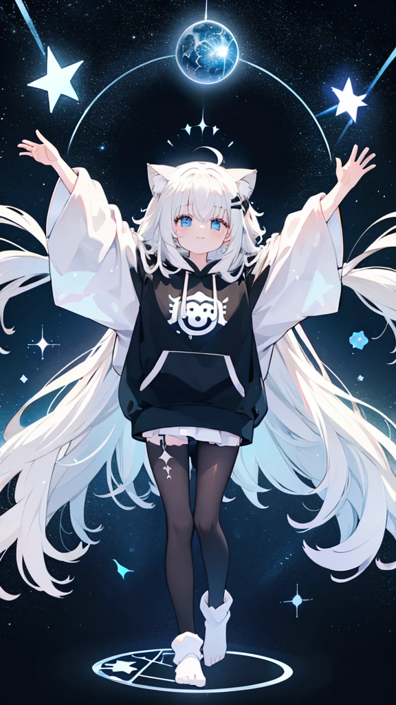 beautiful girl，Cat ear，Long white hair，Light blue eyes，cute, young, Black tights, Wearing an oversized hoodie，sleeping，Details，smile，Only 1 person，The background is a starry sky，beautiful girlのみ，Are standing，Raise your arms，No shoes，