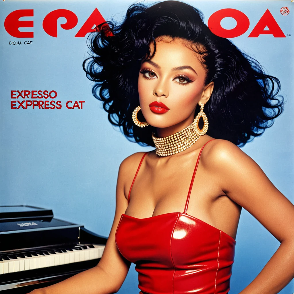 advertising poster, Promotional Photo of the Album Expresso by the artist called Doja Cat, album with a concept from the 80s, beautiful and fabulous album cover, with a lot of glamour, the cover is an innovation in the world of music, and very authentic