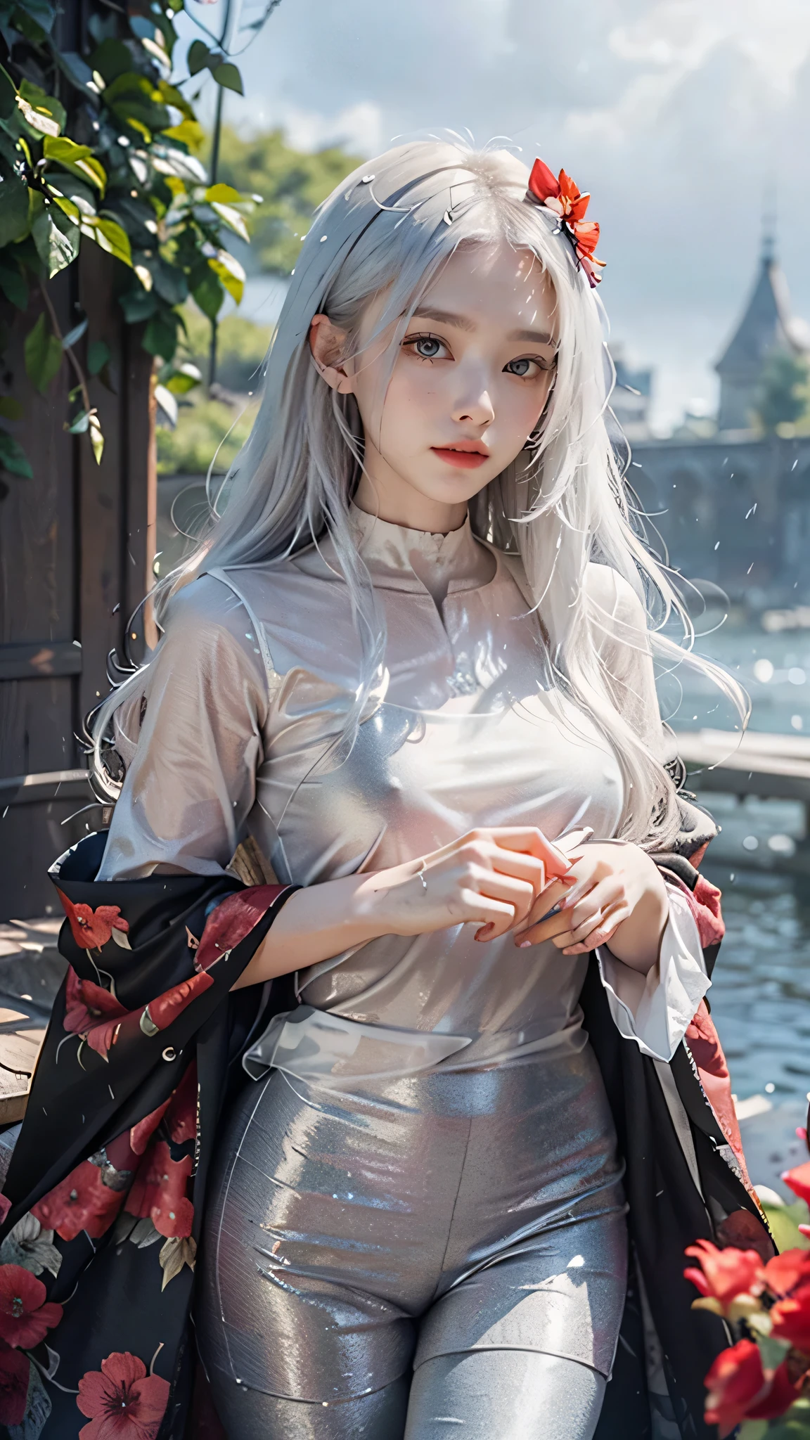 1girl,solo,1girl,solo,((beautiful detailed eyes)), (detailed light),depth of field,(white hair),silver eyes,hair over one eye,(red flower ), hair flower,long hair,black cloak,wet,emotionless,night,starfall,raining,fog,red flowers falling,sketch,upper body,intense shadows, silver shinny dress with straps and leggings with straps
