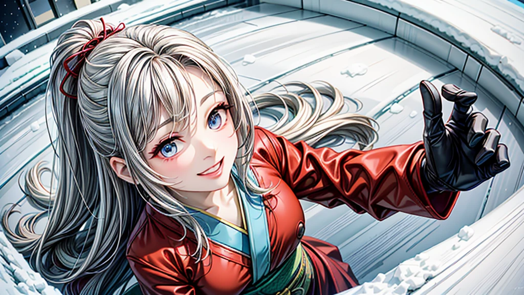 girl.cholerous,pastel,beautiful,beautiful,?????,Star,Galaxy,kimono,by white,beautiful eyes,raw photo,Best Quality,realist,GOOD,happy,SMILE,Top view,1 giant breasted girl,small underlying figure,long white hair,sports portrait,adorable,Yuki,snowy mountains,Snowboard NSFW,korea