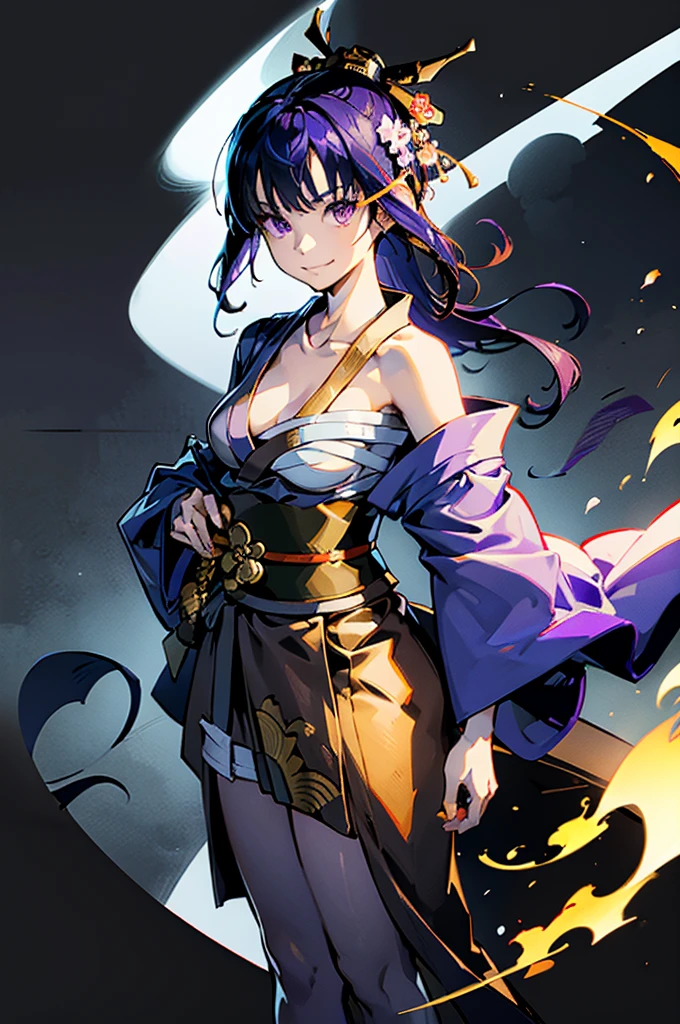 ((roll up bandage sideways on a chest tightly to cover the chest without gaps)), Japanese Gangster BOSS, adult woman with the dignified presence, Killing Qi, wear the kimono from the waist down, ((kimono come off)) ,wear the kimono multiple times, Bare shoulders and the clavicle, black and gold kimono, put on over jacket of kimono, holding a japanese sword which shine in purple, long sword, eye fire, low angle, whole body, bandage is seen, anime character, inappropriate smile, off sholder, nappropriate smile, Excellent, black blue hair, can see both shoulder, long hem, Breasts are small