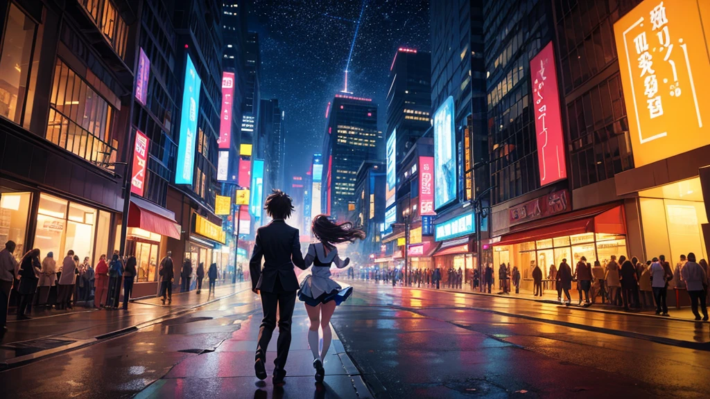 Anime characters (a boy and a girl) running through city streets at night, illuminated by vibrant neon lights. They are chasing their dreams with determined expressions, the cityscape behind them a symphony of colors and lights. The background is filled with the mystery of the urban night, with skyscrapers and bustling streets. Their hearts are on fire, symbolizing their passion and drive. The sky above them is dark but filled with stars, hinting at the eternal sky where they belong. The scene conveys a sense of adventure and endless possibilities, with the characters ready to touch the sky together. The atmosphere is vibrant and dynamic, with soft, natural lighting highlighting their journey. In the distance, the dawn begins to break, symbolizing a brand new day and the hope it brings.
