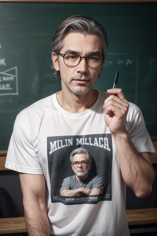 athletic man between 40 and 45 years old with medium gray hair slicked back, with glasses, wearing a rock band t-shirt, explaining history in front of a blackboard