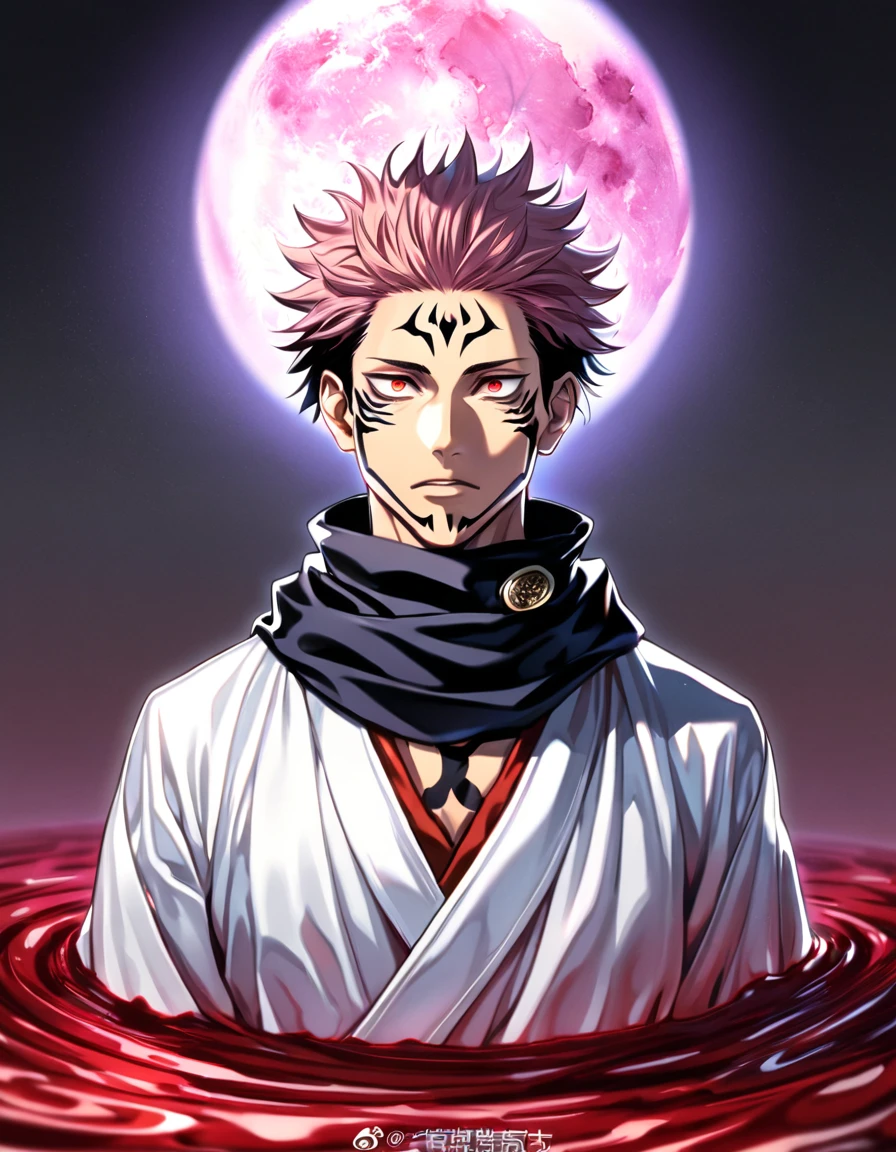 absurdres, highres, ultra detailed, HDR, masterpiece, best quality, Ryomen Sukuna, black hair, expressive red eyes, Jujutsu Kaisen, solo, sexy man, handsome, black scarf, white kimono, red blood water, purple moon, magical, pink hairs, yuji Itadori's body takeover