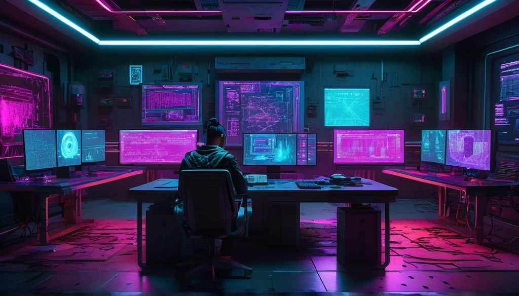 "Create a front-facing image of a spacious room with a cyberpunk aesthetic. In the center of the room, there is a single large table with multiple computers, their screens glowing with complex data and vibrant colors. Papers are scattered across the table as if they are notes, adding a sense of organized chaos. Behind the table sits a person, looking directly at the camera. The room features neon lighting and futuristic decor, enhancing the high-tech, dystopian atmosphere."