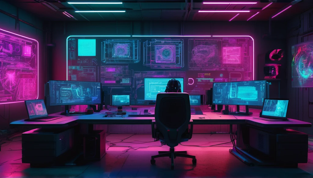 "Create a front-facing image of a spacious room with a cyberpunk aesthetic. In the center of the room, there is a single large table with multiple computers, their screens glowing with complex data and vibrant colors. Papers are scattered across the table as if they are notes, adding a sense of organized chaos. Behind the table sits a person, looking directly at the camera. The room features neon lighting and futuristic decor, enhancing the high-tech, dystopian atmosphere."