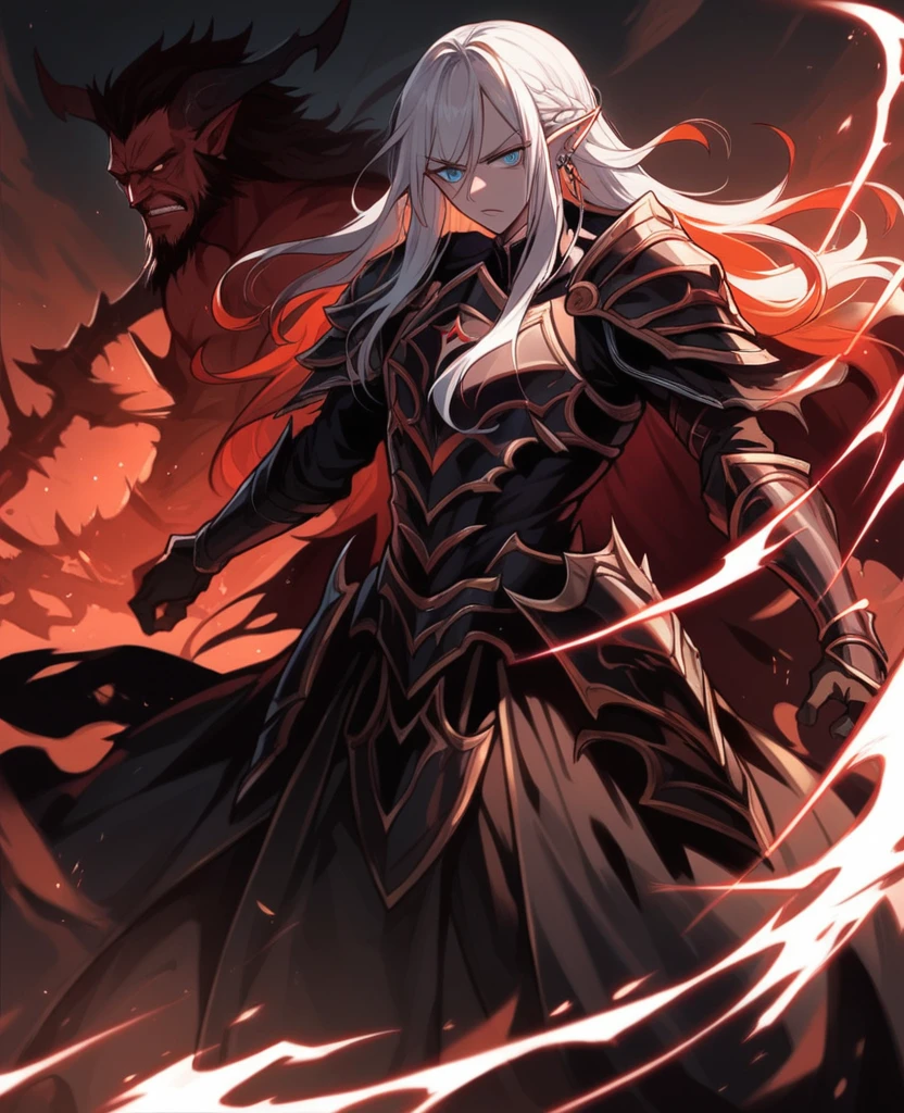 Male,5'4,pierced pointy ears,light skin,orange and blue eyes, white and red ombre long hair half up half down,black and white armour ,dark magic,on a battlefield with darkness in his eyes as a dark magic aura surrounds him as his armour shatters with demonic side taking over