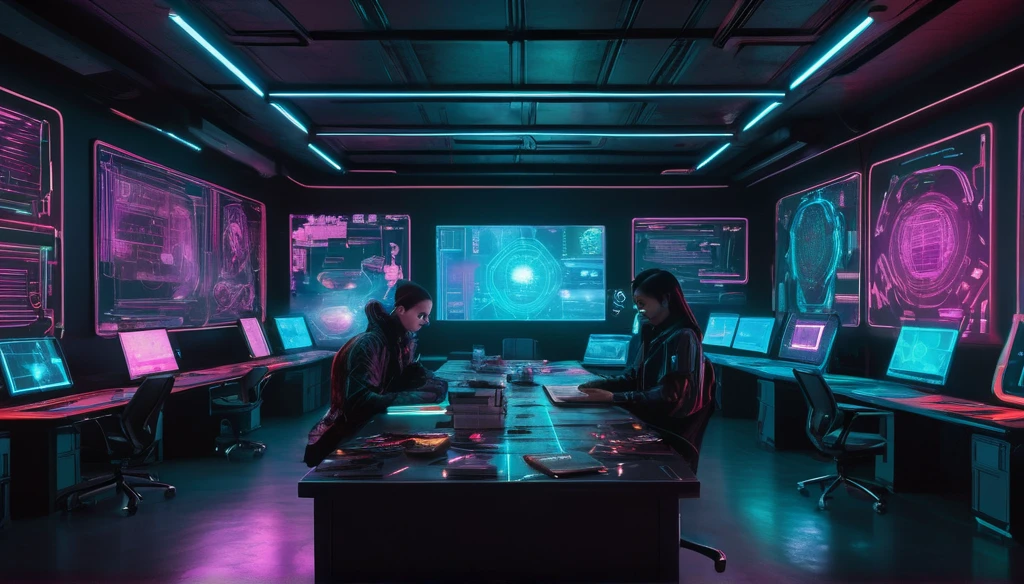 "Create a front-facing image of a spacious room with a cyberpunk aesthetic. In the center of the room, there is a single large table with multiple computers, their screens glowing with complex data and vibrant colors. Papers are scattered across the table as if they are notes, adding a sense of organized chaos. Behind the table sits a person, looking directly at the camera. The room features neon lighting and futuristic decor, enhancing the high-tech, dystopian atmosphere."