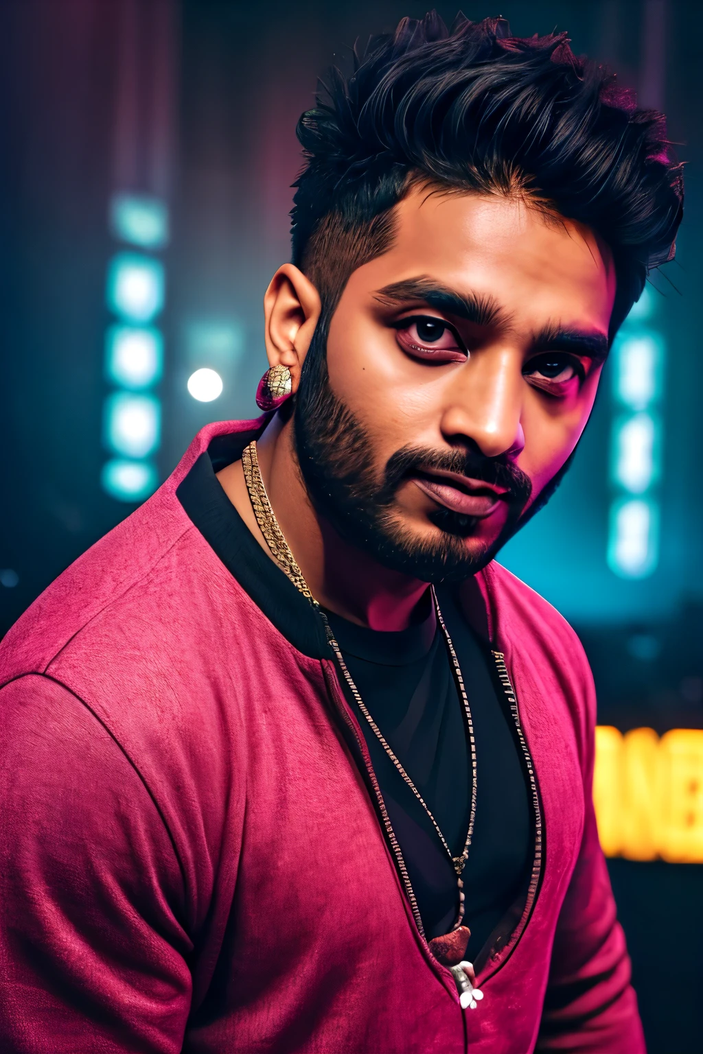 photography of a 30yo man, perfect face, masterpiece, Indian rapper, rap fashion
