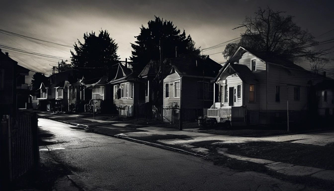 neighborhood, several houses, dark night, sinister environment, no people on the street, fear