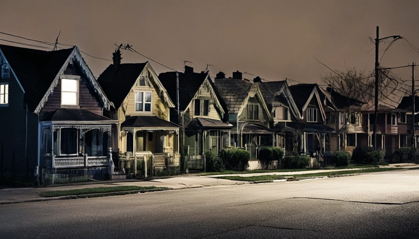 neighborhood, several houses, dark night, sinister environment, no people on the street, fear