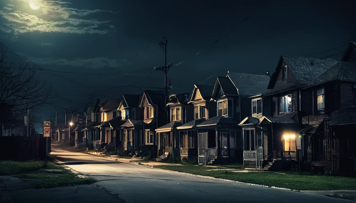 neighborhood, several houses, dark night, sinister environment, no people on the street, fear