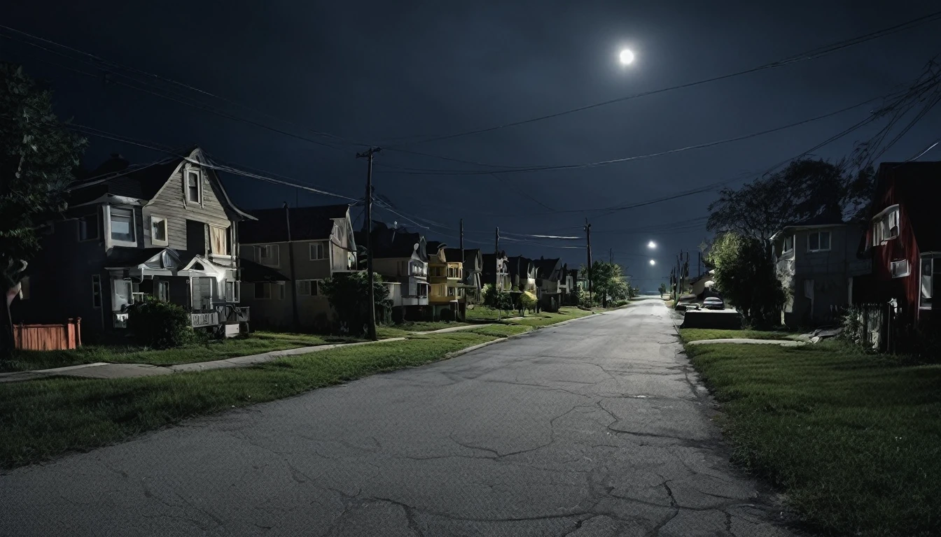 neighborhood, several houses, dark night, sinister environment, no people on the street, fear