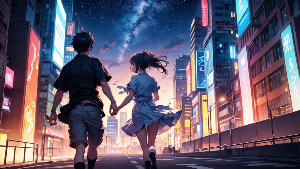 Anime characters (a boy and a girl) running through city streets at night, illuminated by vibrant neon lights. They are chasing their dreams with determined expressions, the cityscape behind them a symphony of colors and lights. The background is filled with the mystery of the urban night, with skyscrapers and bustling streets. Their hearts are on fire, symbolizing their passion and drive. The sky above them is dark but filled with stars, hinting at the eternal sky where they belong. The scene conveys a sense of adventure and endless possibilities, with the characters ready to touch the sky together. The atmosphere is vibrant and dynamic, with soft, natural lighting highlighting their journey. In the distance, the dawn begins to break, symbolizing a brand new day and the hope it brings.