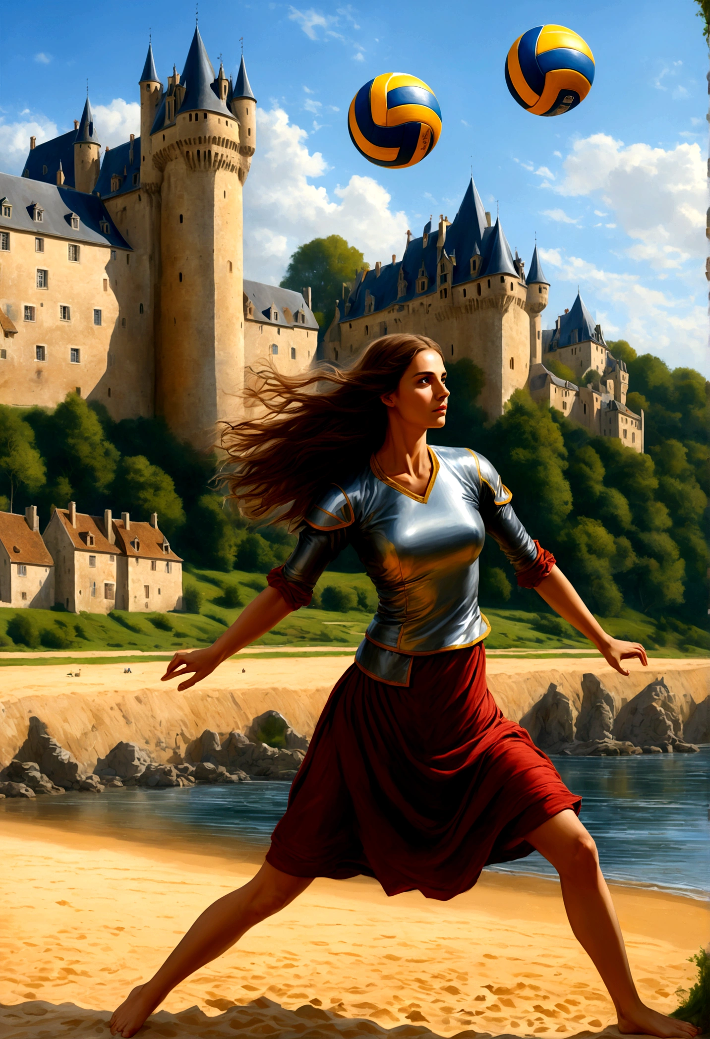 a masterful digital art painting of long woman playing volley ball on an on coast of the Loir river, an extraordinary beautiful renaissance woman, long hair, wavy hair, dynamic hair color, dynamic eye color, playing volley ball in a beautiful beach on the Loir river, best detailed face, a French medieval castle on the river bank in the background, Ultra-high resolution, High Contrast, (masterpiece:1.5), highest quality, Best aesthetics), best details, best quality, highres, 16k, [ultra detailed], masterpiece, best quality, (extremely detailed), Intense gaze, digital painting,