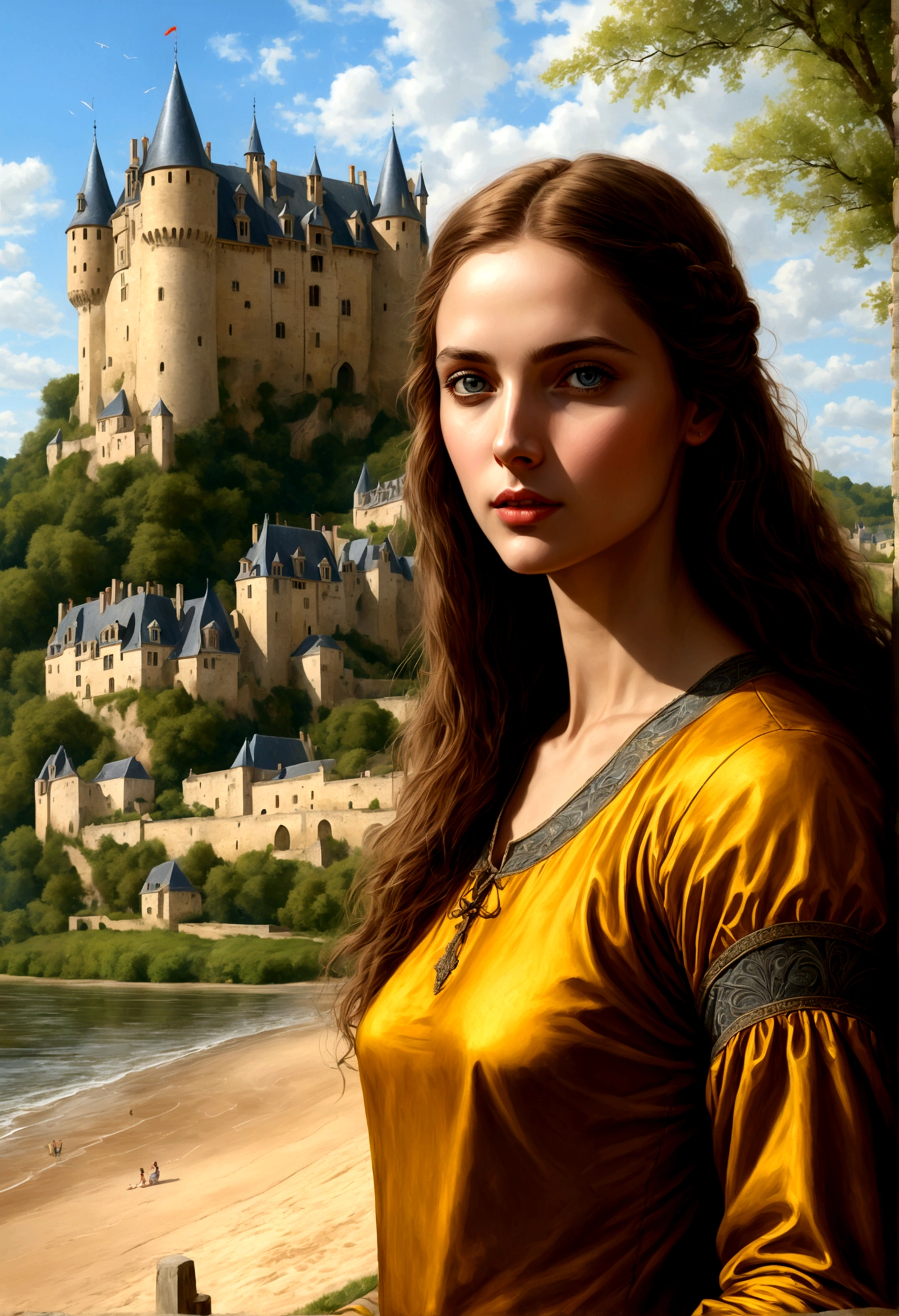 a masterful digital art painting of long woman playing volley ball on an on coast of the Loir river, an extraordinary beautiful renaissance woman, long hair, wavy hair, dynamic hair color, dynamic eye color, playing volley ball in a beautiful beach on the Loir river, best detailed face, a French medieval castle on the river bank in the background, Ultra-high resolution, High Contrast, (masterpiece:1.5), highest quality, Best aesthetics), best details, best quality, highres, 16k, [ultra detailed], masterpiece, best quality, (extremely detailed), Intense gaze, digital painting,