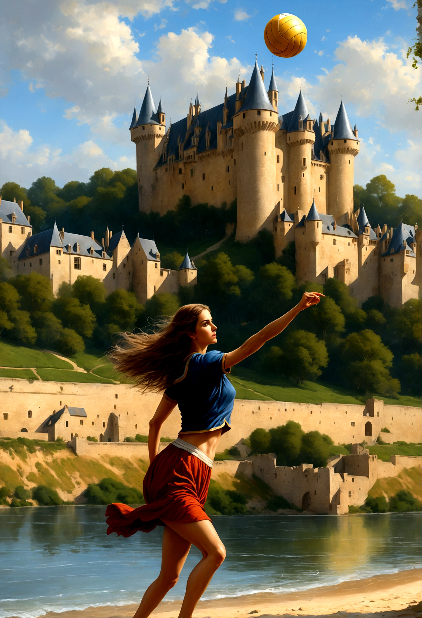 a masterful digital art painting of long woman playing volley ball on an on coast of the Loir river, an extraordinary beautiful renaissance woman, long hair, wavy hair, dynamic hair color, dynamic eye color, playing volley ball in a beautiful beach on the Loir river, best detailed face, a French medieval castle on the river bank in the background, Ultra-high resolution, High Contrast, (masterpiece:1.5), highest quality, Best aesthetics), best details, best quality, highres, 16k, [ultra detailed], masterpiece, best quality, (extremely detailed), Intense gaze, digital painting,