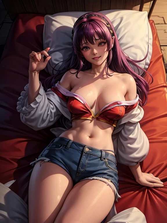 tmasterpiece， best qualtiy， ultra - detailed， absurderes， Portrait Beautiful athena asamiya, 1girl, purple eyes, purple hair, long hair,， solo， 耳Nipple Ring， (The bikini:0.5)，Underdressing，jewely， (Off-the-shoulder clothing:1.5)，cleavage， upper body closeup，ssmile， Thongs， vests， cloud， Skysky， daysies， outside of house，Denim super shorts，best qualtiy， tmasterpiece， intricate detailes， tonemapping， Sharp Focus， ultra - detailed， Altstati is also in trend，,​masterpiece、Ultra Definition Illustration、top-quality、Particles of light、ultra-definition、8k wallpaper、(bright colour:1.2)、solo、(adult lady)、huge tit、(Plump body)、disheveled hair、shinny hair、（brow）、shinny skin、（outside of house、the woods）、orgasm face、closed eye、Blushing cheeks、Arched back、(vaginal pennis:1.2)、(male people:1.3)、heterosexuality、(lying back on:1.6)、(Open leg women:1.4)、(intense sex:1.7)、(cum shots:1.2)、nsfw、ass pov、