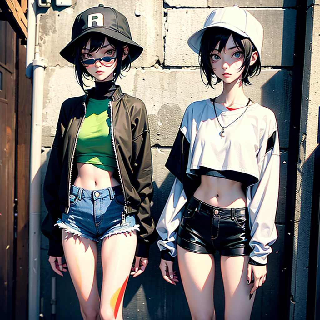 girl similar to gorillaz noodle, black short hair ((drawing)), ((anime girl nose)) ,A very thin girl, with extremely pale skin, wearing a white Bucket Hat. She is dressed in a collarless white crop top, exposing the strap of her black bikini, black tight shorts, and brown boots. She stands next to a vintage green Vespa motorcycle, holding an empty bottle. The setting is an urban alley, decorated with vibrant street art and graffiti on the brick walls. The alley is dimly lit, casting dramatic shadows and enhancing the dystopian atmosphere.
